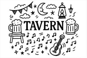 Black and white drawing of a tavern with a guitar and a cup