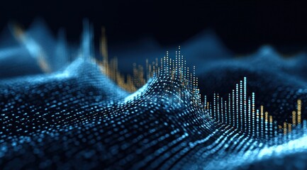 Abstract digital wave visualization with blue and yellow glowing dots.