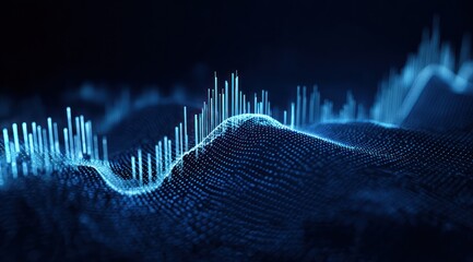 Abstract glowing blue digital wave surface with rising bar graph elements.