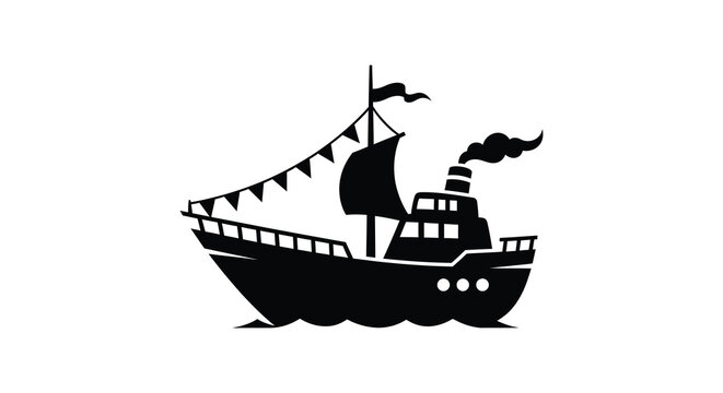 Vintage steamboat with flags and smoke silhouette