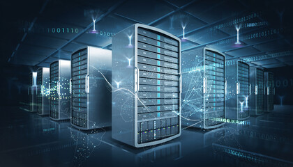 Data Center Infrastructure: An intricate, futuristic data center showcases a line of powerful servers, symbolizing the cutting-edge of information technology and digital connectivity.