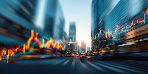 City street motion blur with overlaid financial candlestick charts