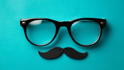 Whimsical black frame glasses and mustache on vibrant teal backdrop create a fun, playful vibe perfect for creative projects or quirky designs with unique style