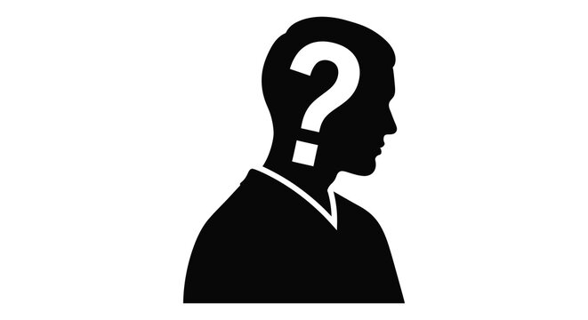 Question mark inside head of man silhouette on white background silhouette