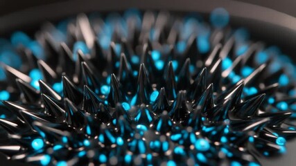 Dynamic ferrofluid spikes dancing with magnetic force and glowing blue light, perfect for science, technology, or abstract concepts - Powered by Adobe