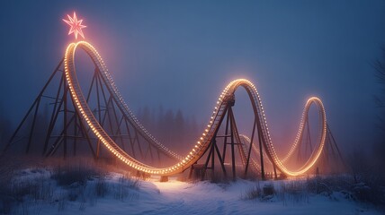 Fototapeta premium Abandoned Snowy Roller Coaster at Night with Golden Lights and Crimson Star