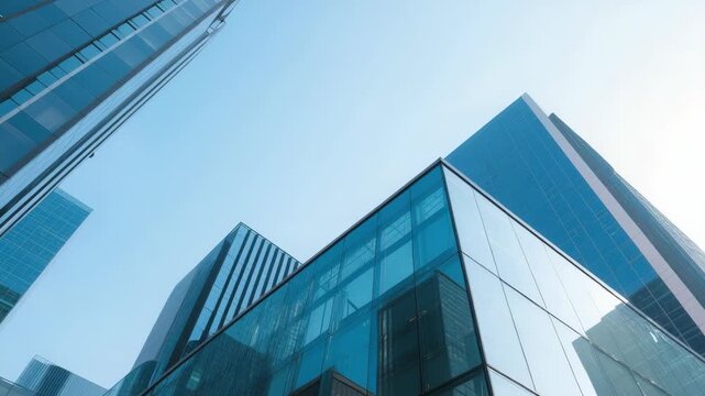 Contemporary glass skyscrapers reflecting blue sky, symbolizing urban development and business growth. Minimalist architecture, cityscape background for corporate projects.