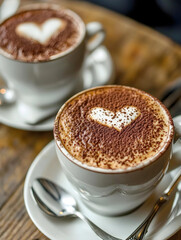 A delightful cappuccino with a heart design in its foam sits on a speckled saucer with a spoon beside it, all on a warm wooden table