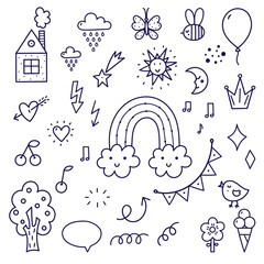 Cute kid background line flower, stars, heart, rainbow icon. Hand drawn doodle sketch kid art element set.