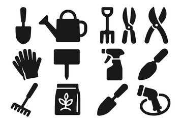 Obraz premium Gardening Tools Icons. Solid style icons of Gardening Tools: small spade, watering can, garden fork, pruning shears, gloves, plant