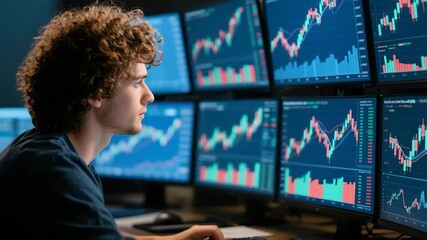 A professional stock trader monitors real-time market data and financial charts on several computer screens. Modern workplace environment focused on investment and financial analysis. - Powered by Adobe