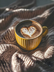 A delightful cappuccino with a heart design in its foam sits on a speckled saucer with a spoon beside it, all on a warm wooden table