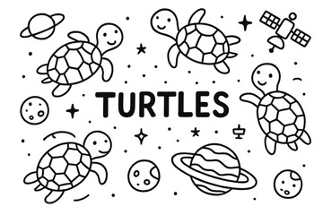 Naklejka premium Group of turtles are drawn in a space theme