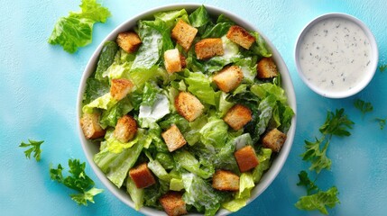 Fresh caesar salad in a white bowl.