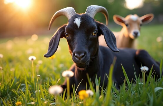 Cute black goat with horns lies on green grass in sunny field. Young domestic animal rests on meadow with dandelions at sunset. Another farm goat stands in blurred background in warm light.