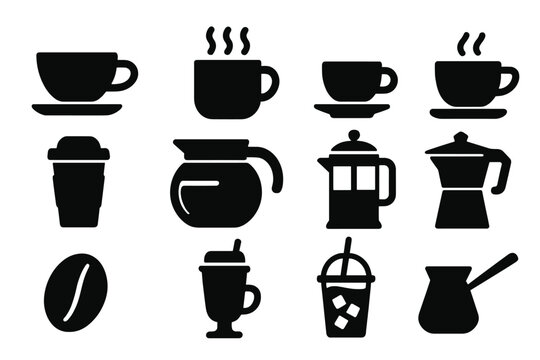 Coffee Icon Collection. Solid style icons of Coffee: coffee cup, steaming mug, espresso cup, cappuccino mug, to-go cup, coffee pot