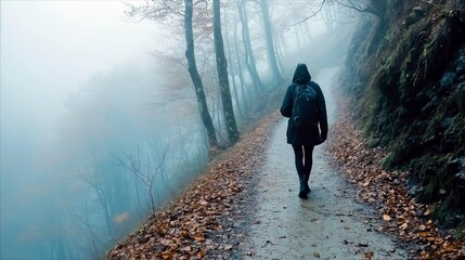 A lone person wearing a hooded jacket and backpack walks along a wet, leaf-strewn path through a misty forest during autumn. The mood is atmospheric and serene.