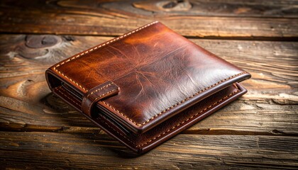 Brown Leather Wallet with Detailed Stitching on Rustic Wooden Surface