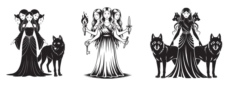 Triple Goddess Hecate Illustration with Wolves, Mythology Witchcraft Vector Art.