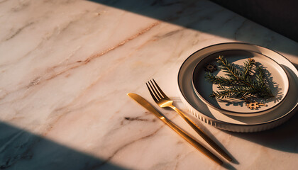 Elegant Christmas table setting with gold flatware and evergreen sprigs, perfect for holiday celebrations, festive dinners, and warm winter gatherings