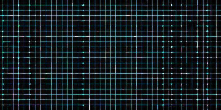 Glowing digital grid lines illuminate a dark background with intermittent bright points. - Powered by Adobe
