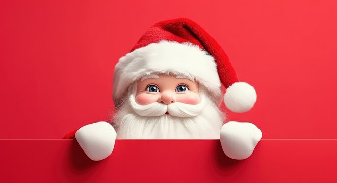 Jolly Santa Claus peeking over a vibrant red surface invites festive cheer and holiday excitement. - Powered by Adobe
