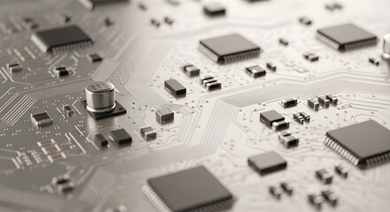 Intricate silver circuit board details showcase advanced technology and futuristic electronic components with shallow depth of field. isolated on white background