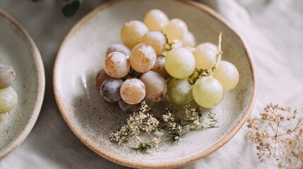 Grapes Arranged on a Ceramic Plate Showcasing Wabi-Sabi Beauty With Soft Neutral Tones and Delicate Floral Accents