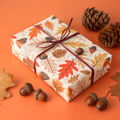 Concept of Autumn, Autumn composition accessories on brown background,  leaves and pine, a beautifully wrapped gift box, festive atmosphere perfect for the holiday.