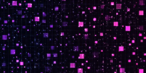Digital glowing squares move across a dark grid background with sparkling lights