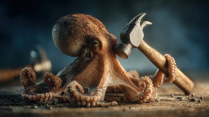 Realistic Octopus Using a Hammer for a Repair Job in an Industrial Setting