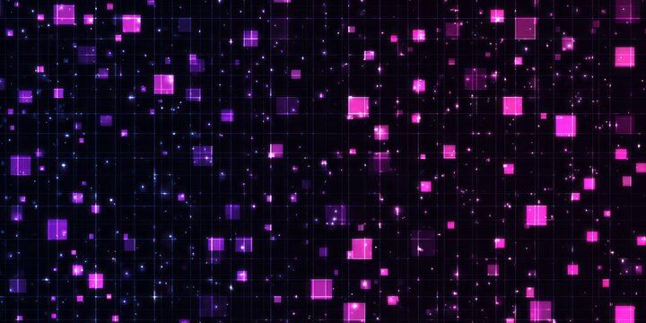 Digital glowing squares move across a dark grid background with sparkling lights - Powered by Adobe