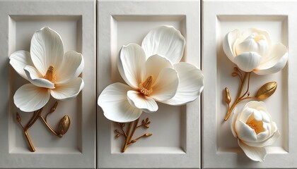 Triptych art features white magnolia flowers with golden branches in panels. Refined composition ideal for elegant wall art and interior decoration. Floral design suits home or office decor.