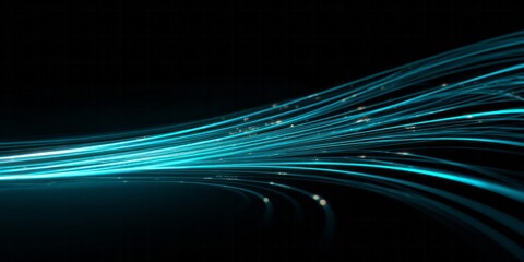 Brilliant cyan light streams move rapidly across a dark background representing digital data flow.