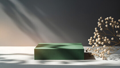 Elegant green display podium casting light and shadow, perfect for showcasing skincare, jewelry, or luxury products with sophisticated, modern style