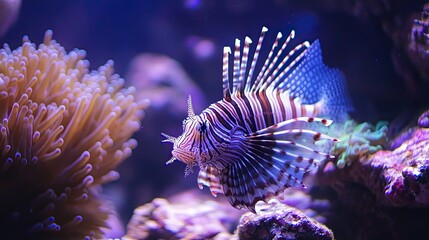 Lionfish swimming in aquarium, coral reef background, underwater scene, marine life.