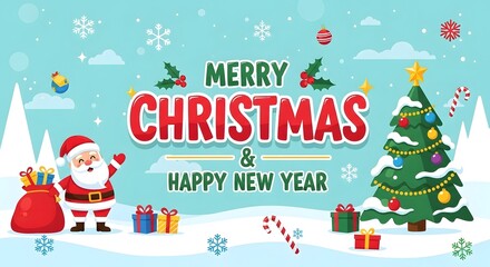 Cheerful Winter Holiday Greeting Banner with Santa Claus, Decorated Christmas Tree, Gifts, and Snowflakes, Ideal for Festive Season Wishes and Celebrations