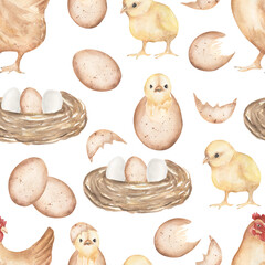 Watercolor farm animal seamless pattern, chicken with eggs and chick repeat paper