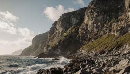 Coastal Cliffs Meeting the Sea Under a Cloudy Sky.
