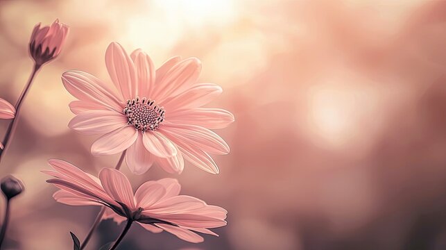 Close-up of delicate pink daisy flowers in bloom, with soft bokeh background and warm sunlight. - Powered by Adobe