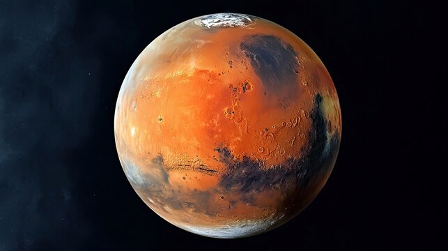 A realistic depiction of the planet Mars, showcasing its red, orange, and dark brown surface features, with a bright polar ice cap, set against the vast blackne