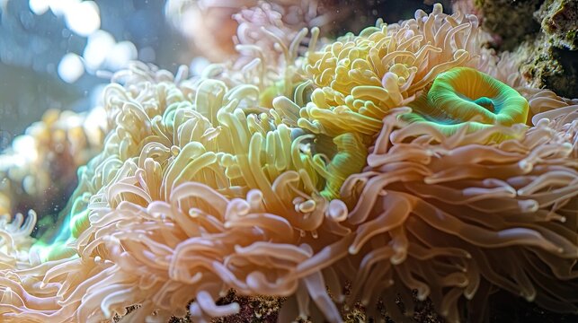 Underwater coral reef, vibrant colors, ocean life, close-up view, aquarium background, marine life stock photo.