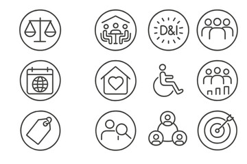 Diversity Icons Set. Line style round icons of diversity and inclusion: equality icon, inclusive workplace, D&I badge, community