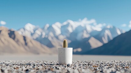 A single potted cactus stands in a rocky, barren landscape with majestic snow-capped mountains and a clear blue sky in the background. The scene is bathed in br