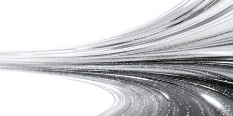 Dynamic streams of luminous particles curve dramatically across a bright white background