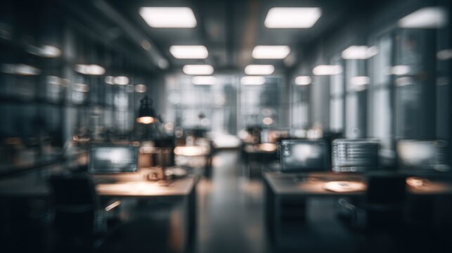 Blurred modern office interior with illuminated desks and ceiling lights.