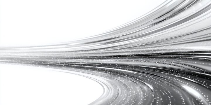 Dynamic streams of luminous particles curve dramatically across a bright white background