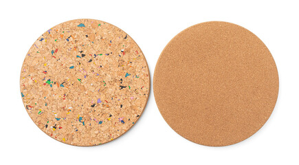 A round hot trivet made of natural cork—an essential kitchen utensil—on a white background highlights the eco-friendliness and practicality of these home goods.