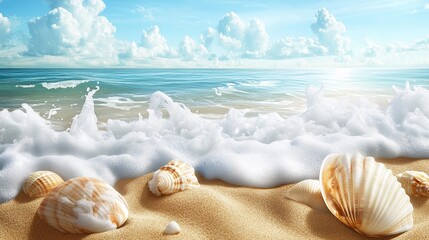 Seashells on sandy beach, ocean waves, sunny sky.  Perfect for travel brochures.