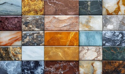 Photo of multicolored rectangular marble tiles arranged in a neat grid, each tile showing unique veining, texture, and color variations for material selection and interior design.